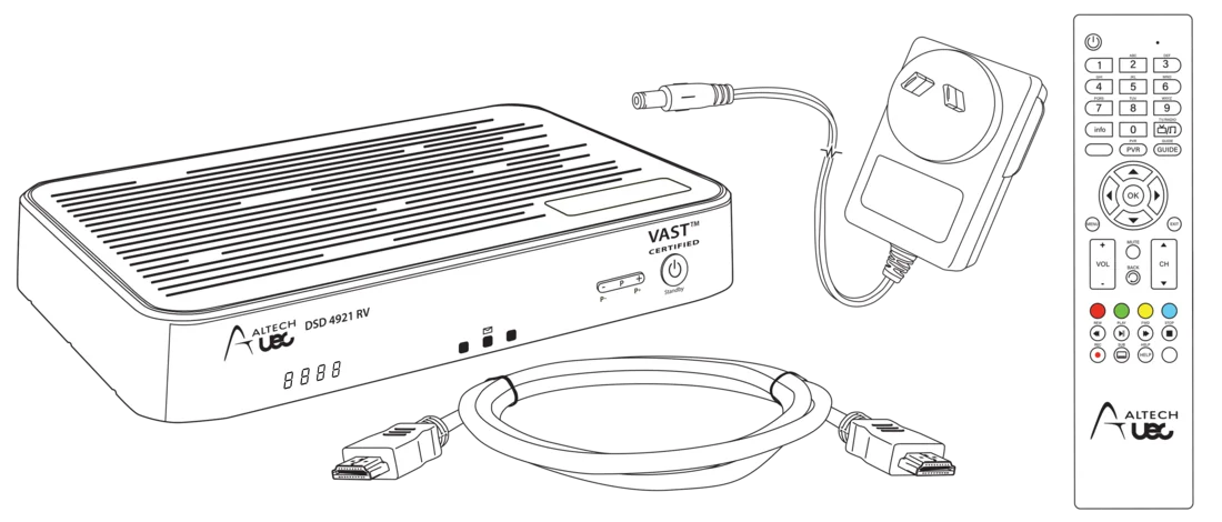 Diagram of box contents. Includes: DSD 4921 RVFP Receiver, HDMI Cable, Power Plug and Remote Control